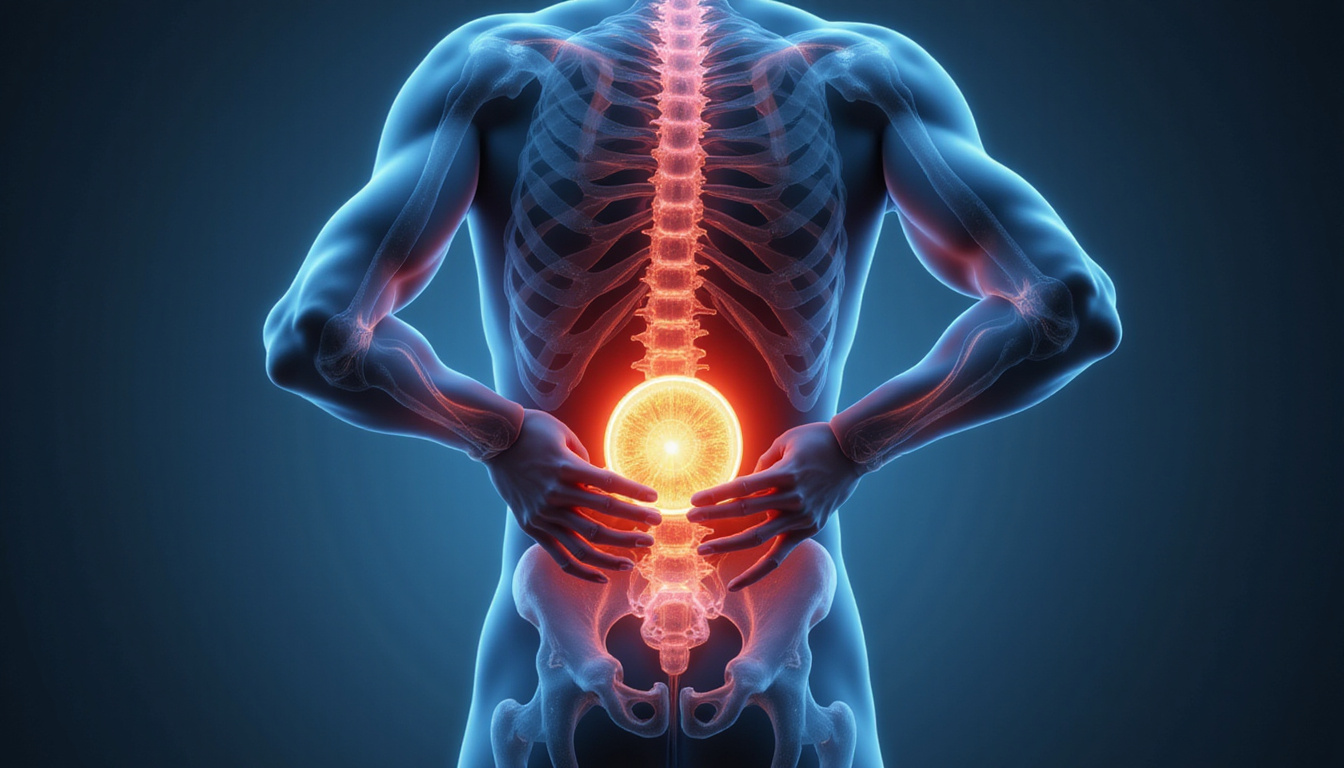  Patient clutching lower back, transparent skin revealing disc anatomy, infographic labels, soft dramatic light