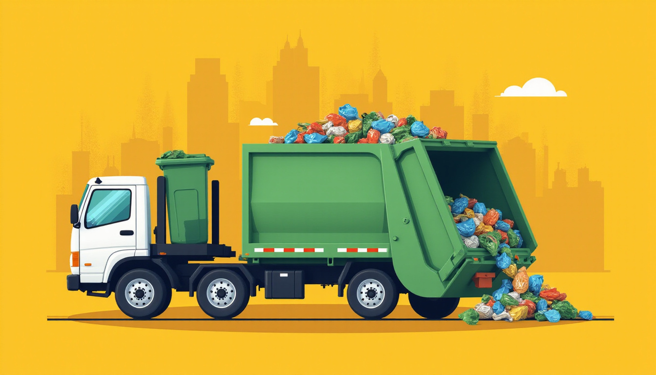 Unlabeled hazardous waste leaking from bin while garbage truck refuses pickup, fine notice