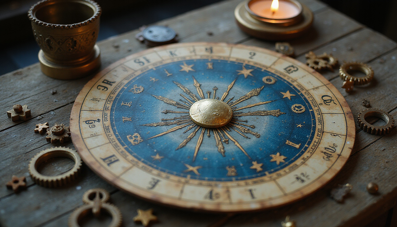 Mystic astrologer revealing star sign secrets with vintage celestial map, bronze gears, moonlight