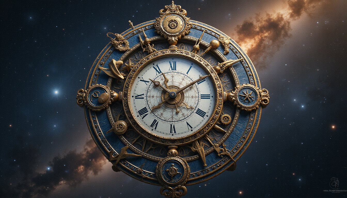  Antique celestial clock entwined with planetary glyphs, cosmic gears turning, timing illuminated in starlight