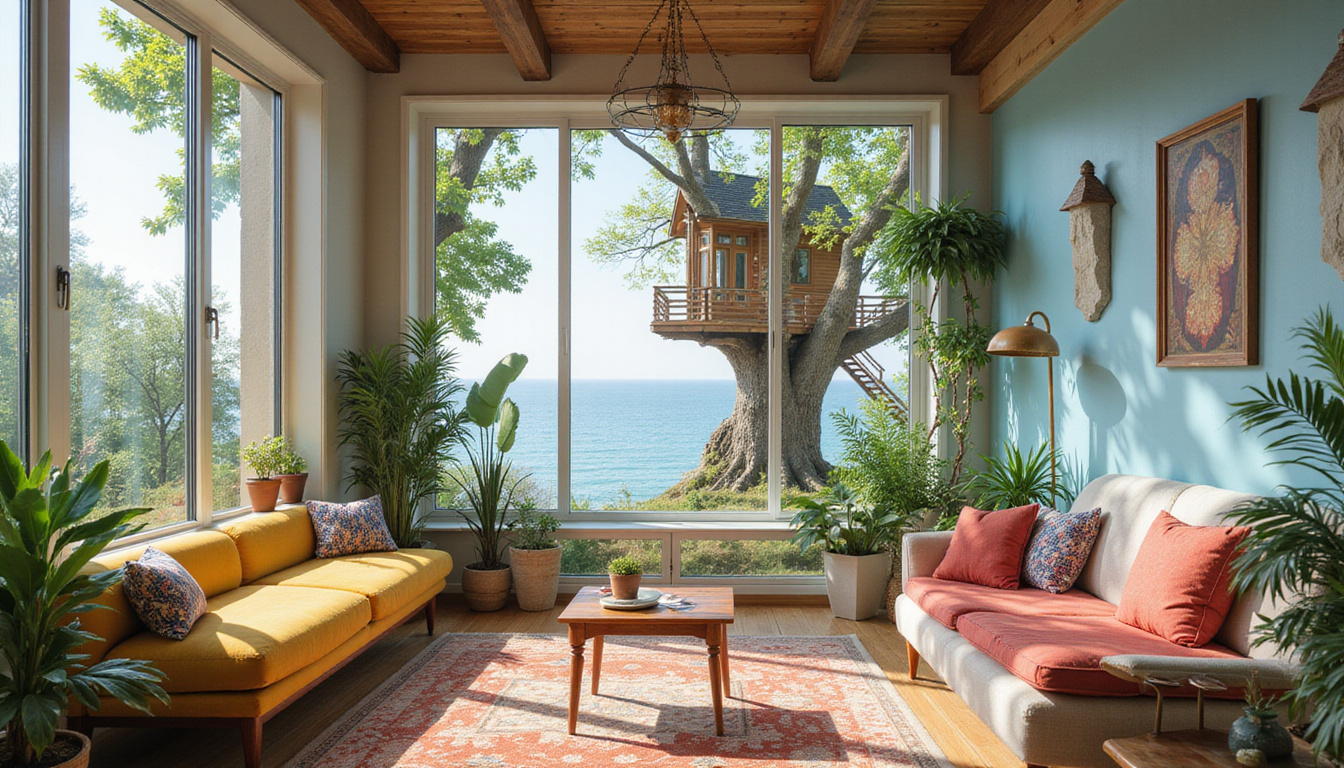 Whimsical interior scenes aligned with traits: cozy reading nook, adventurous treehouse, serene coastal villa, urban penthouse
