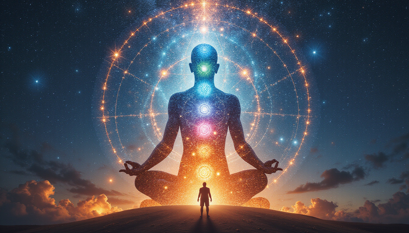  Transformational cosmic map overlaying human silhouette, chakras aligned, radiant planetary light, sacred geometry