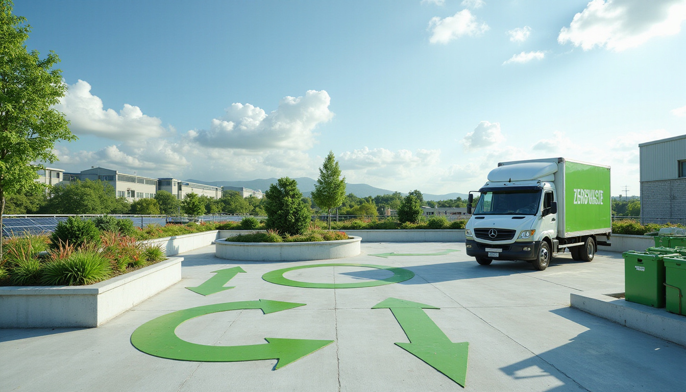 Industrial warehouse rooftop garden, solar compactors, circular arrows, delivery van labeled zero waste, green skyline