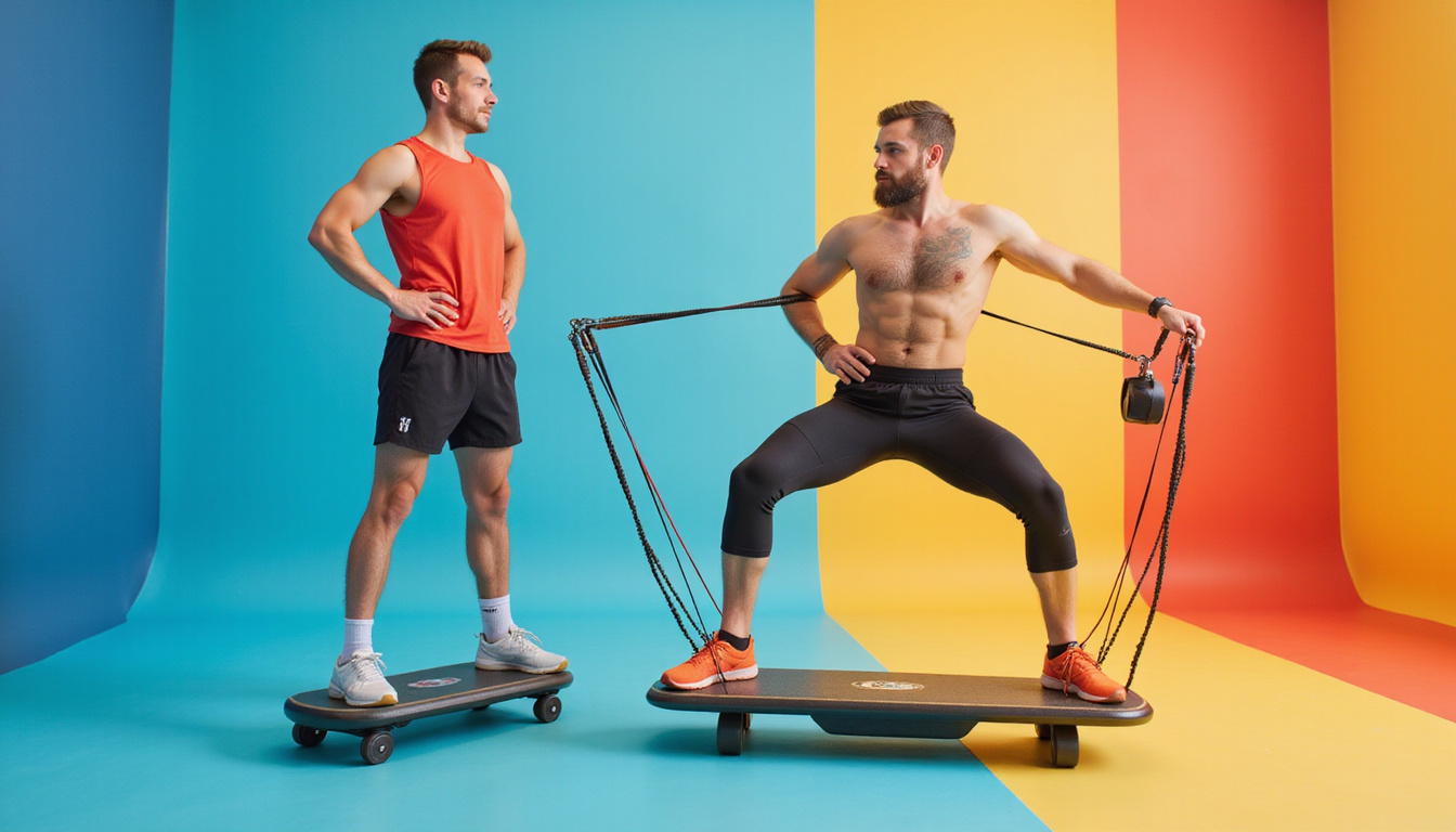  Athlete using resistance bands and balance board, stopwatch and progress chart visible