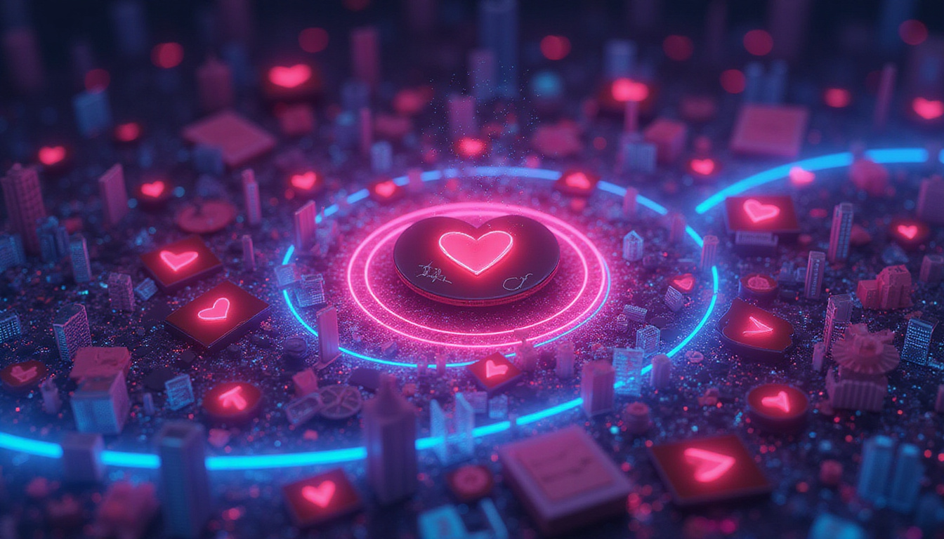 Magnetic spiral of hearts, loyalty cards, graphs and gears, neon cityscape, high-energy motion