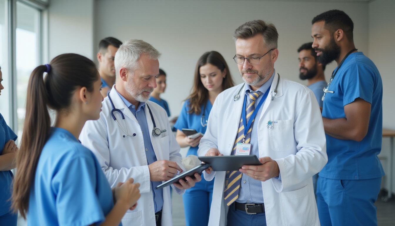  Healthcare professionals reviewing billing codes and EMR tablet, clinical classroom, focused, diverse trainees