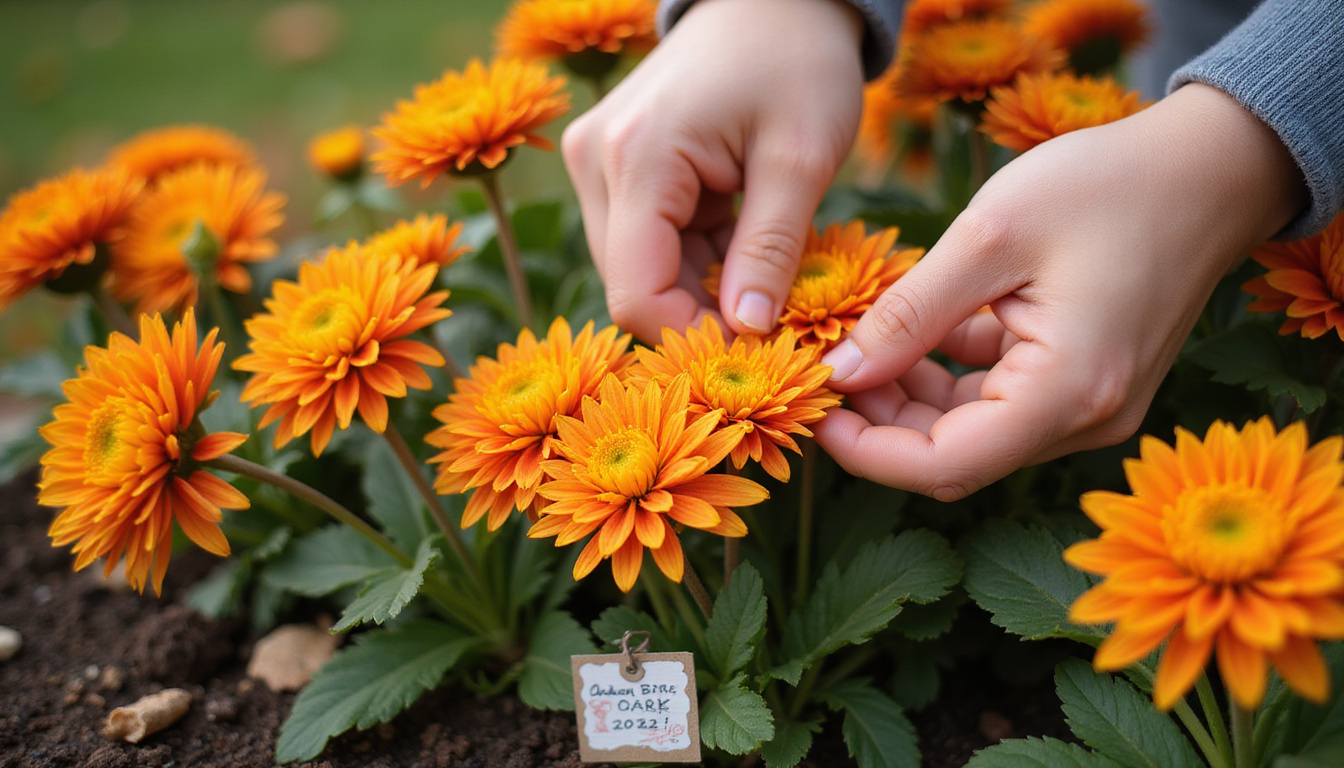  Close-up hands pinching chrysanthemum stems, soil texture, labeled care tags, vibrant autumn blooms
