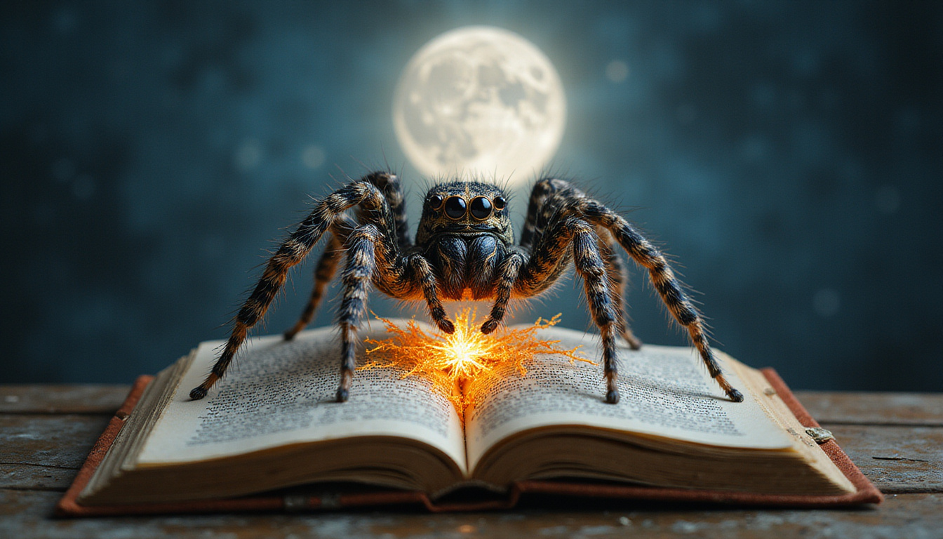  Ancient spider atop book of wisdom, moonlight, threads forming mandala of life paths