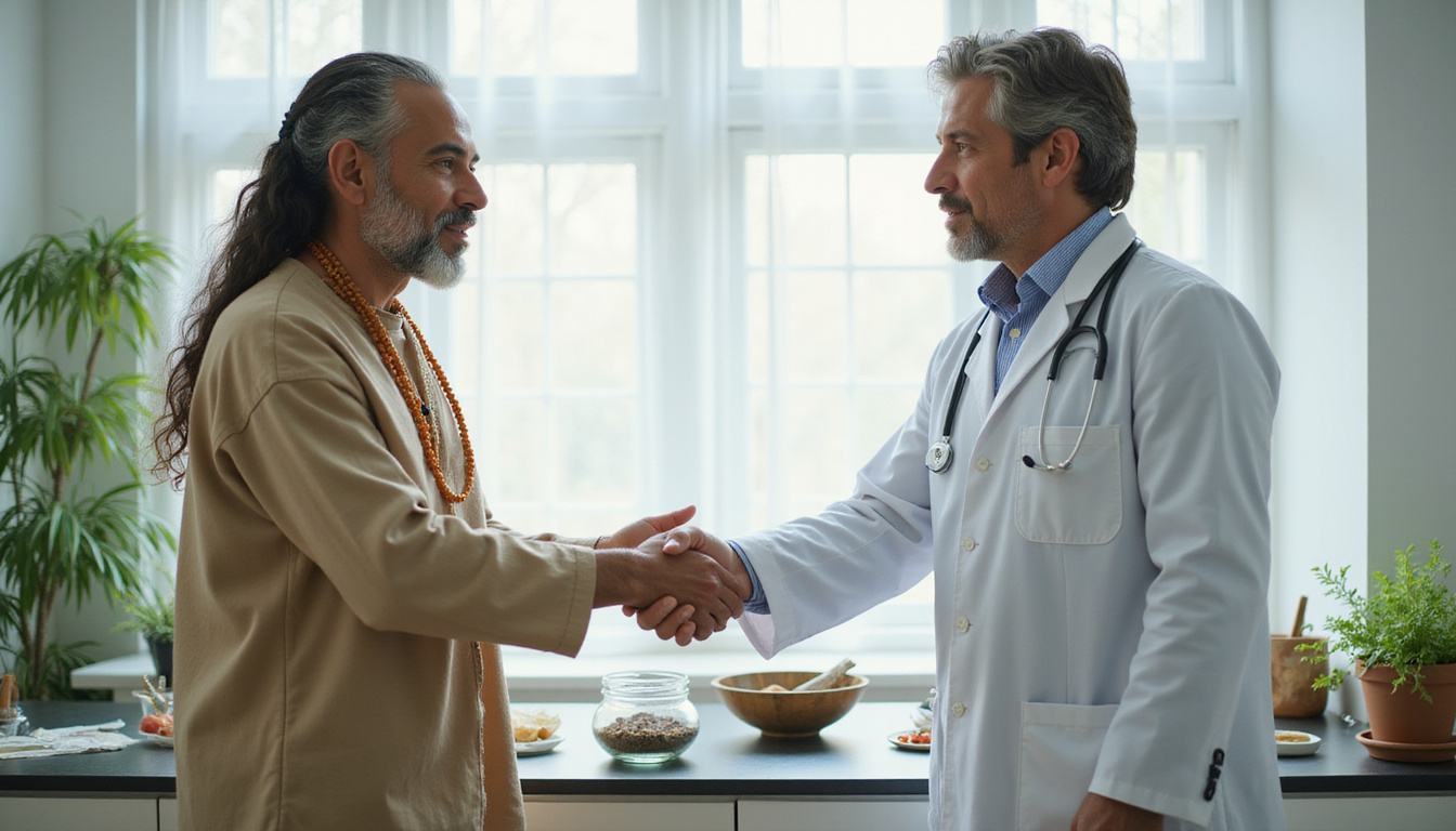 Traditional healer and modern doctor exchanging herbal remedies in bright clinical lab, respectful handshake
