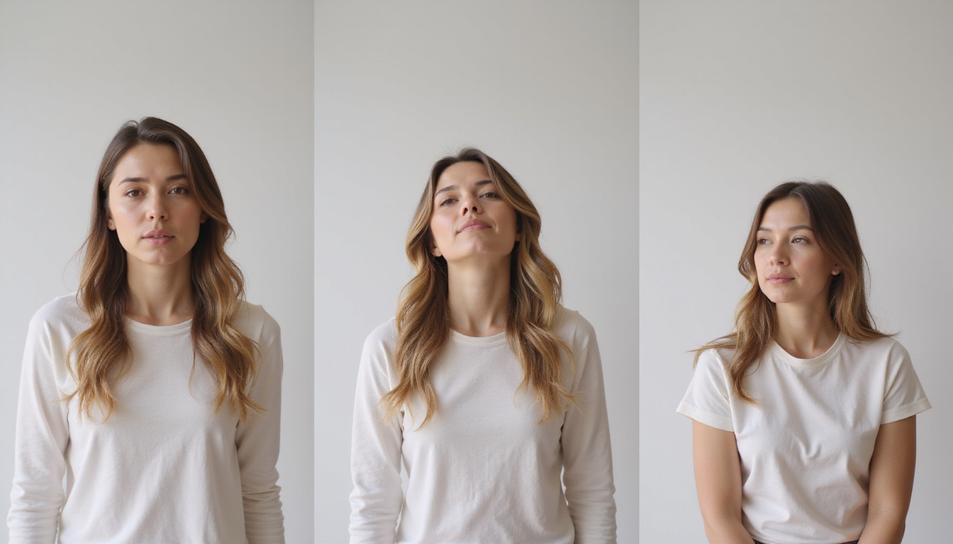 Split-screen sequence of three daily neck release moves, minimal studio, neutral background, clean infographic