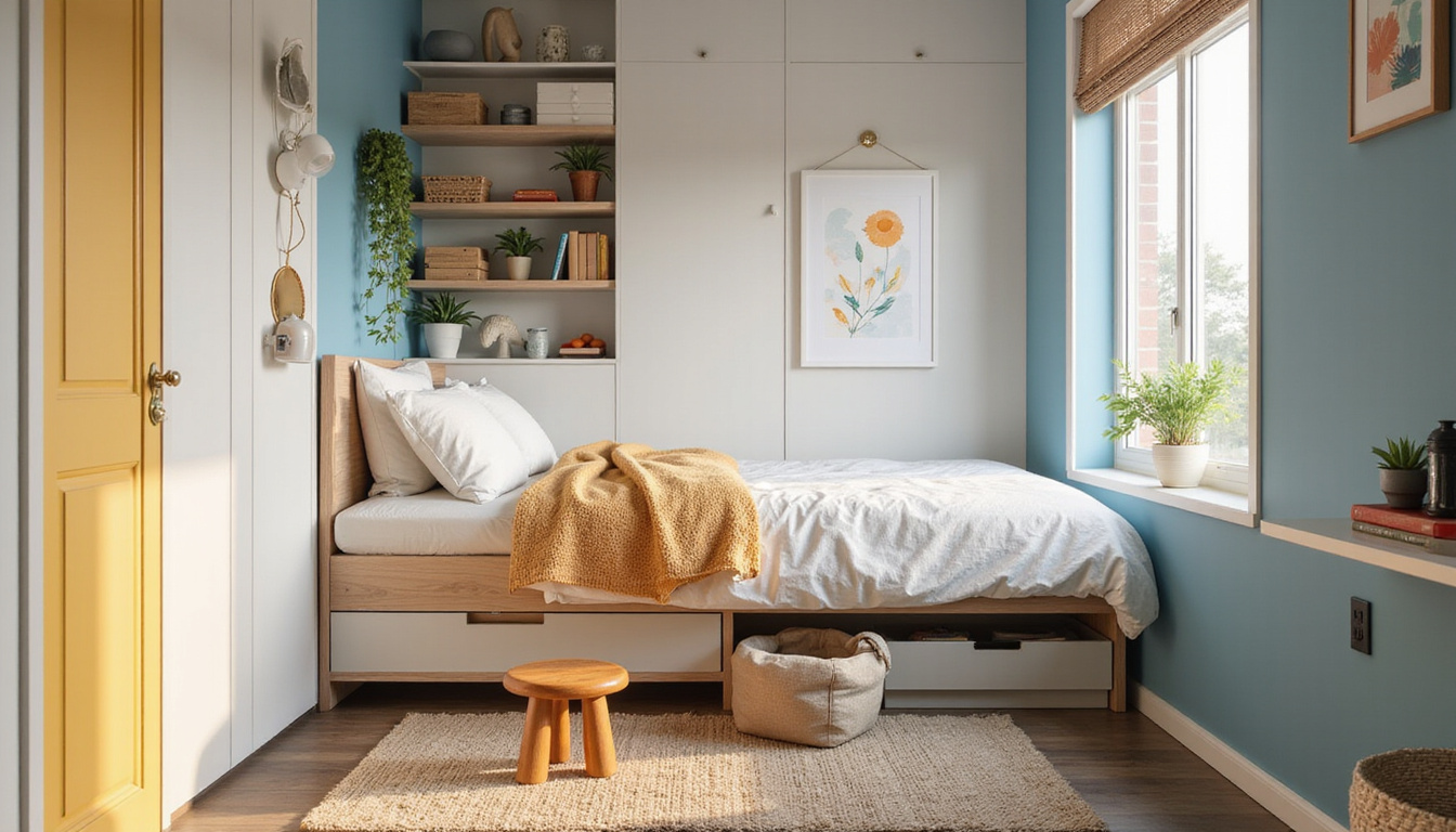  compact studio apartment with hidden under-bed storage, vertical shelving, minimalist decor, bright airy light
