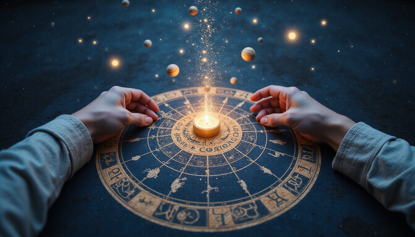  Ancient astrologer hands turning celestial wheel, planets glowing over natal chart, starfield backdrop