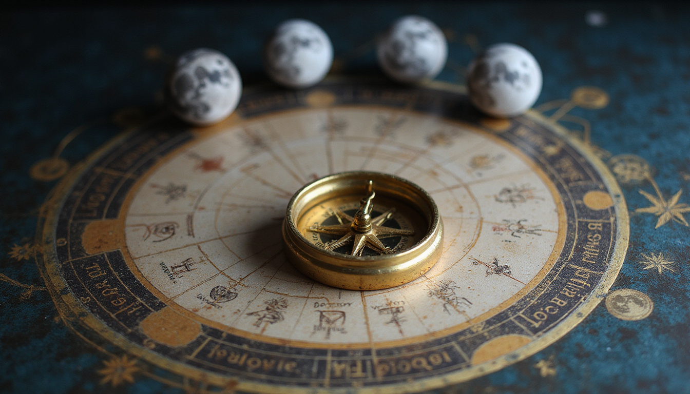  Moon phases hovering over birth certificate, celestial compass, golden astrological symbols glowing