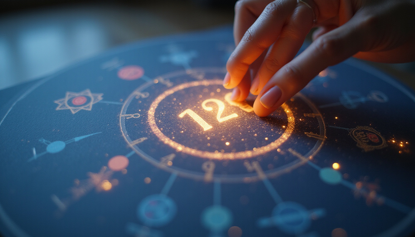 Close-up hand circling a calendar date with shimmering planetary symbols and starry aura