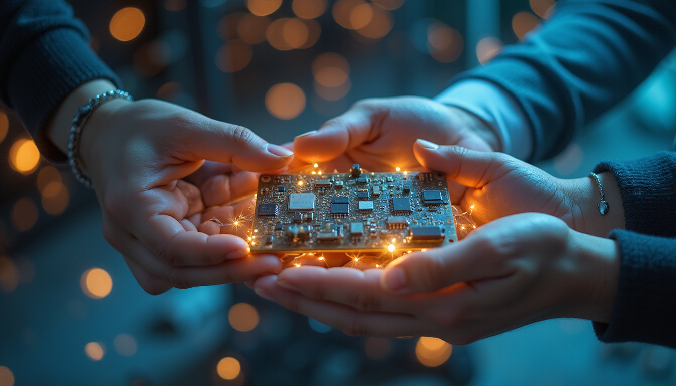  Calm balanced scales merging circuit board and human hands warm light collaborative harmony