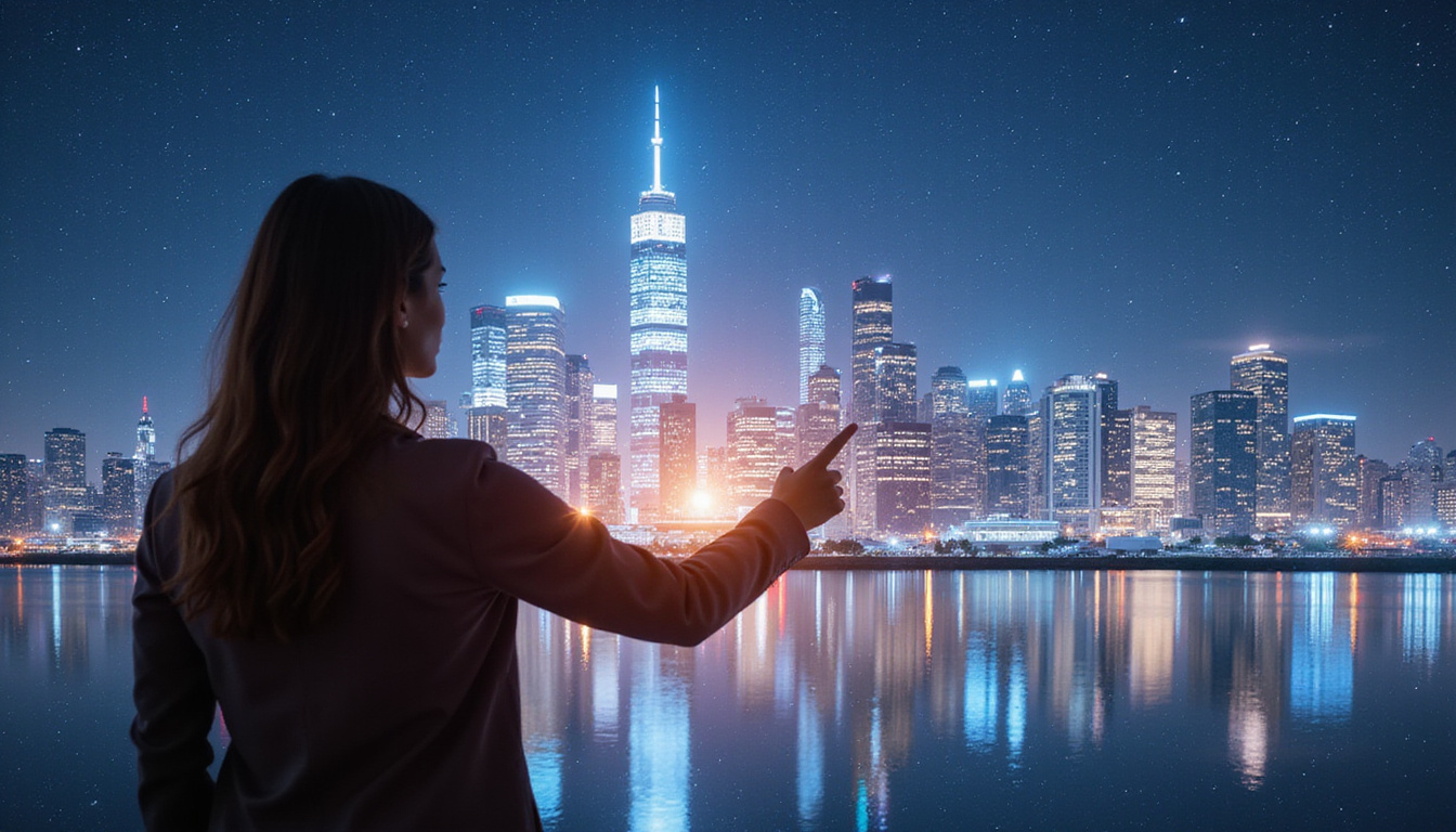 Woman pointing at illuminated city on star-chart overlay, skyscrapers rising, ethereal starlight, high detail
