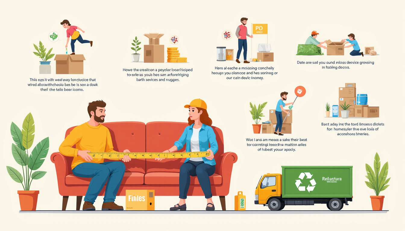 Illustrated guide: homeowner measuring couch, labeling boxes, tips, money-saving icons, recycling truck