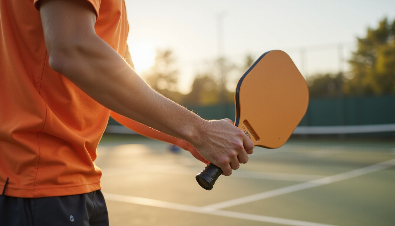  Outdoor action shot pickleball player using joint-friendly paddle, wrist brace, motion blur, sunlit court