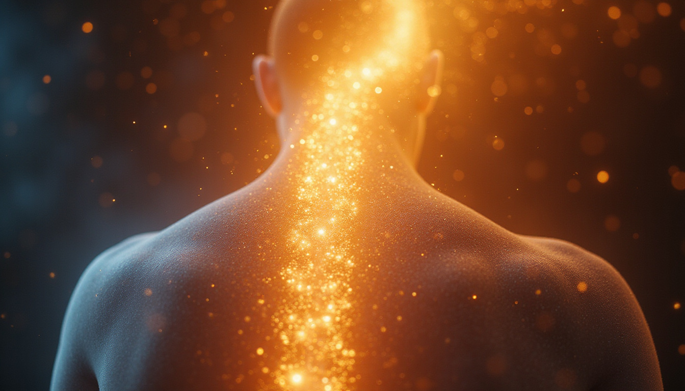  Molecular ozone particles forming luminous bridge to human spine, pain fading, warm golden aura