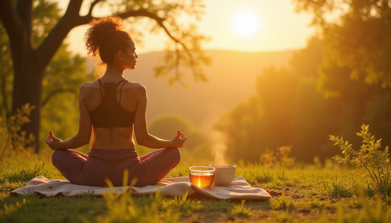  herbal remedies, tea, yoga, brain-gut balance, warm golden light, calming natural scene