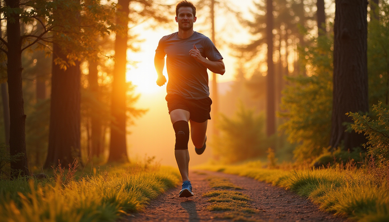  Runner jogging pain-free on forest trail, supportive knee brace, sunrise, triumphant relief