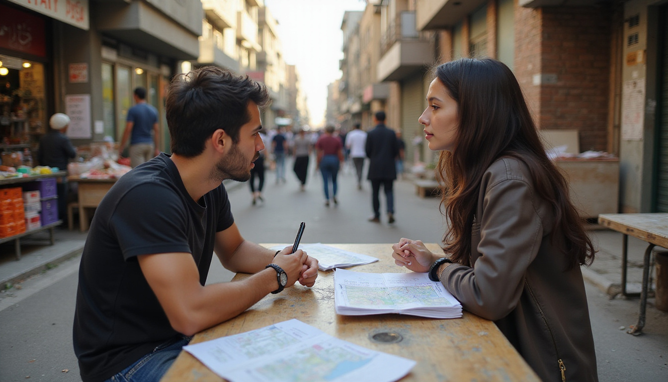 Busy Cairo street market, young couple negotiating rent, paper maps and budget notes, documentary style
