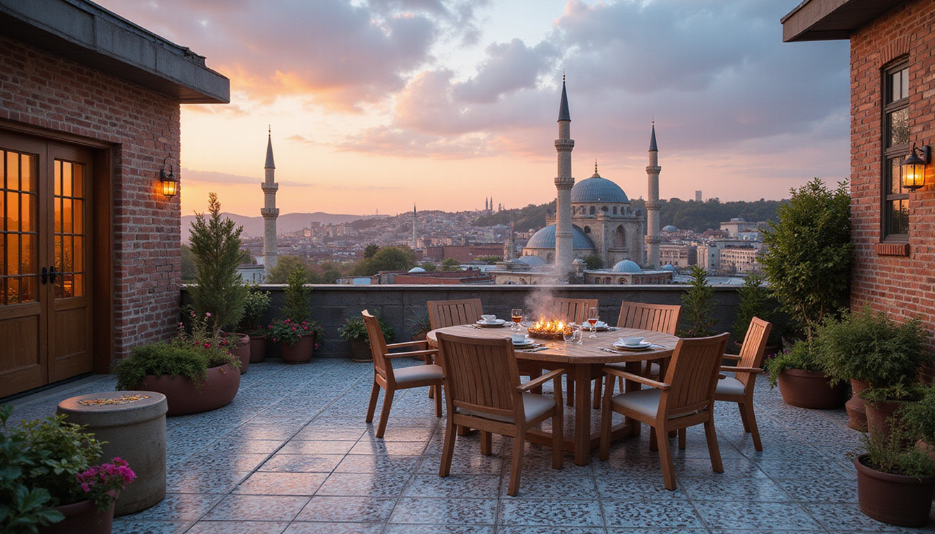  Rooftop terrace at dusk, views of minarets, mosaic tiles, wooden balconies, steaming tea