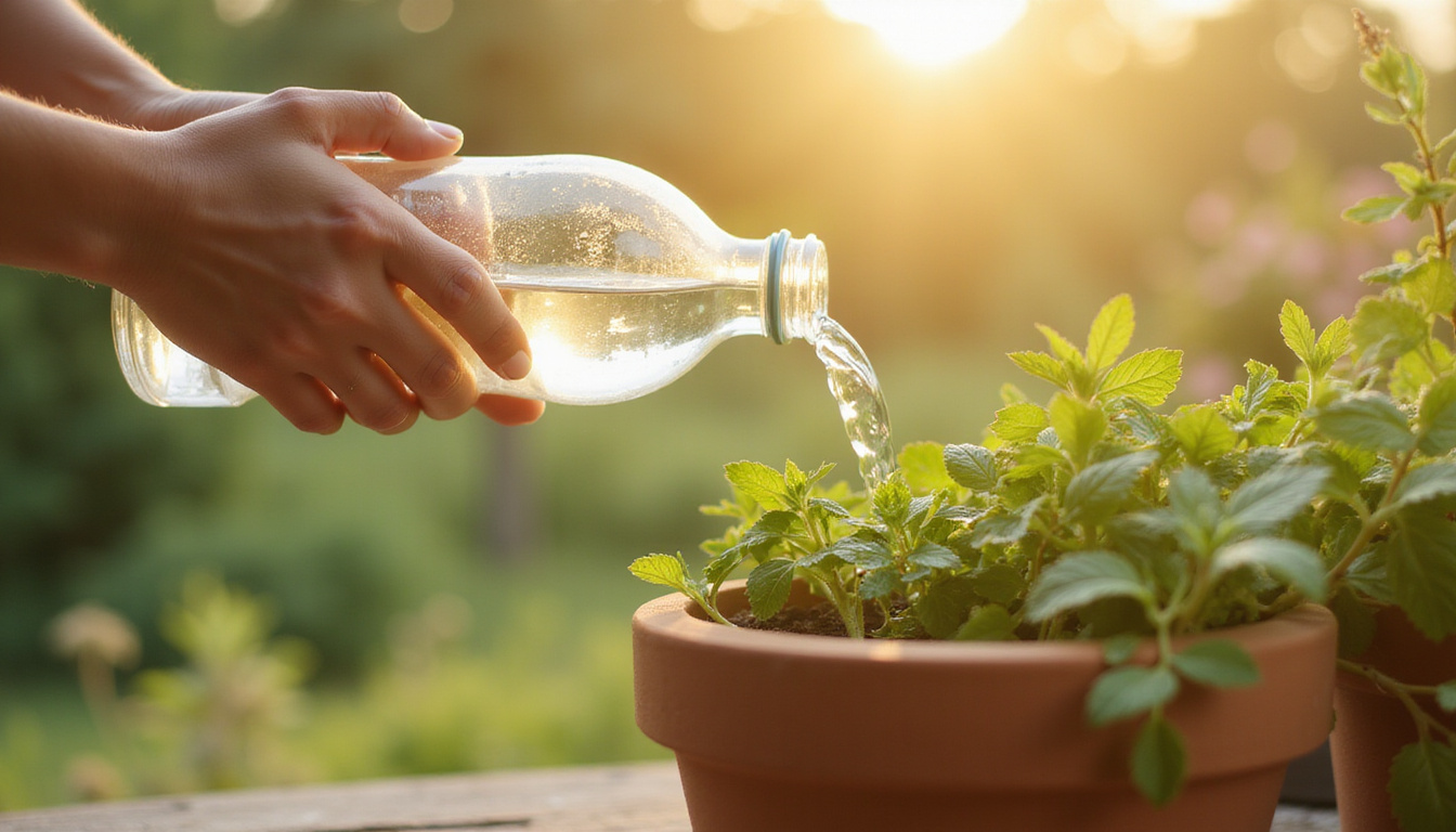  Hands placing simple self watering bottle in terracotta pot, overflowing mint, golden morning light