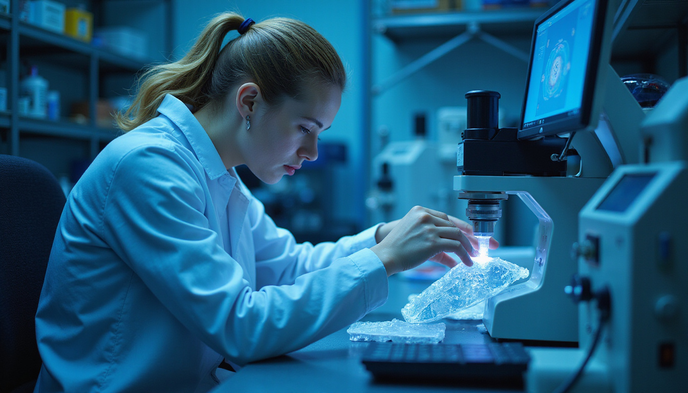  Scientist adjusting parallel-plate geometry, precision instruments, ambient blue lighting, microstructure visualization overlay