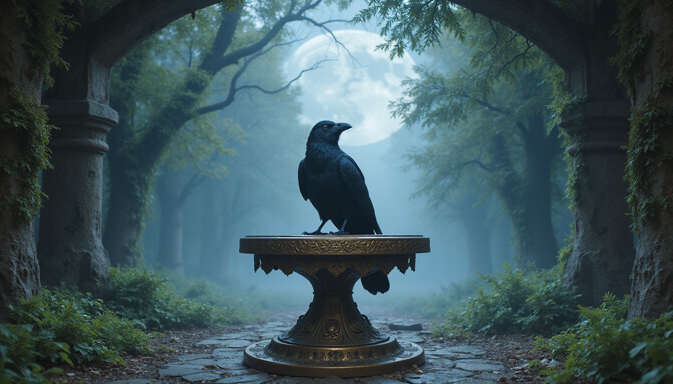 Sacred raven perched on ornate bronze altar, mystic runes, foggy moonlit forest, symbolic tapestry