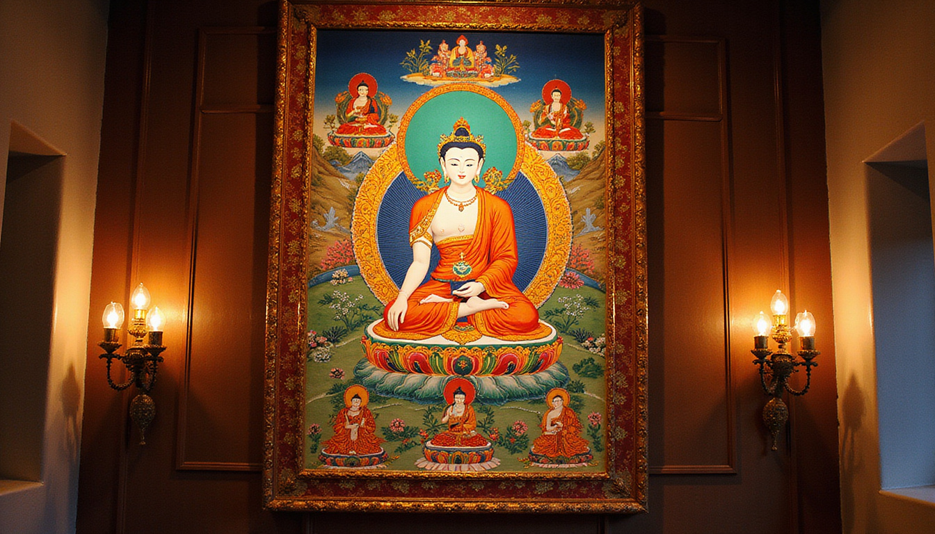  Ancient Thangka hanging in monastery, vibrant Buddhist deities, ornate silk frame, candlelight glow