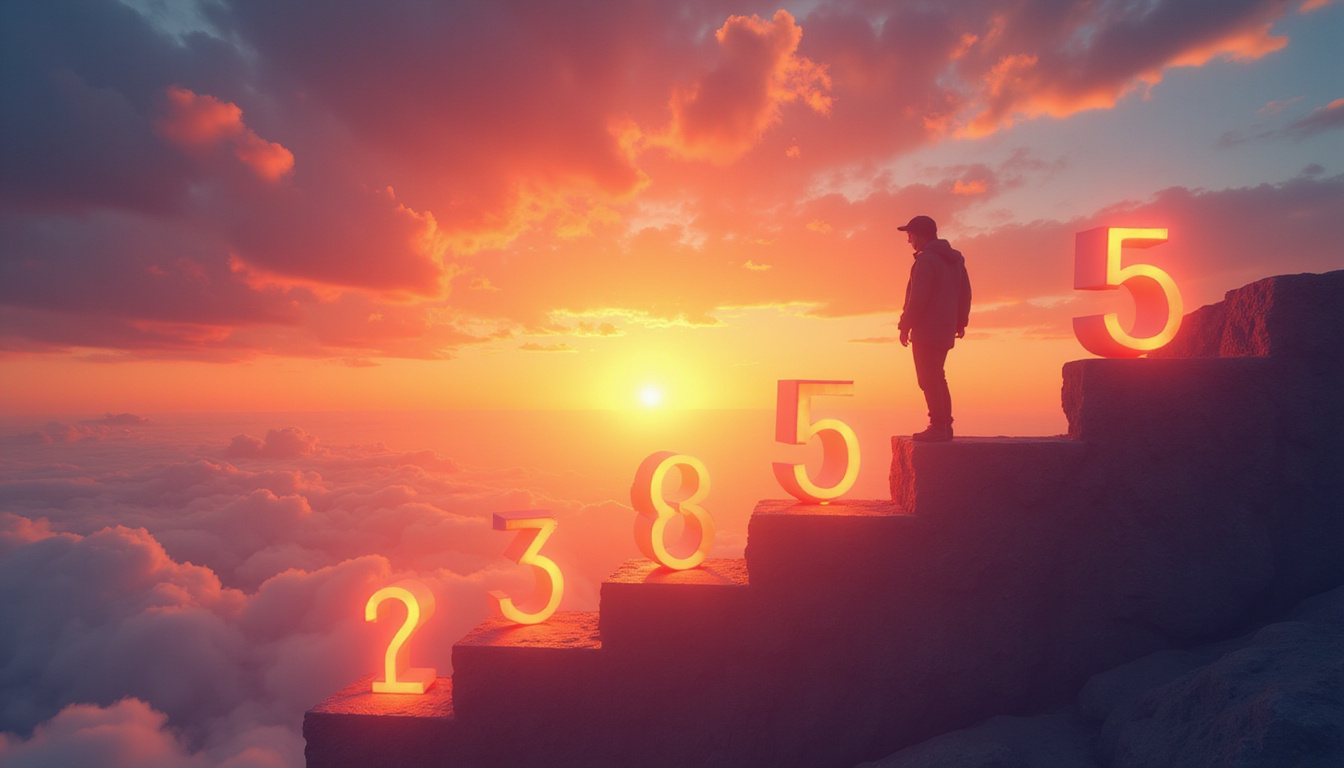 Person standing on staircase of glowing numbers ascending toward sunrise of success