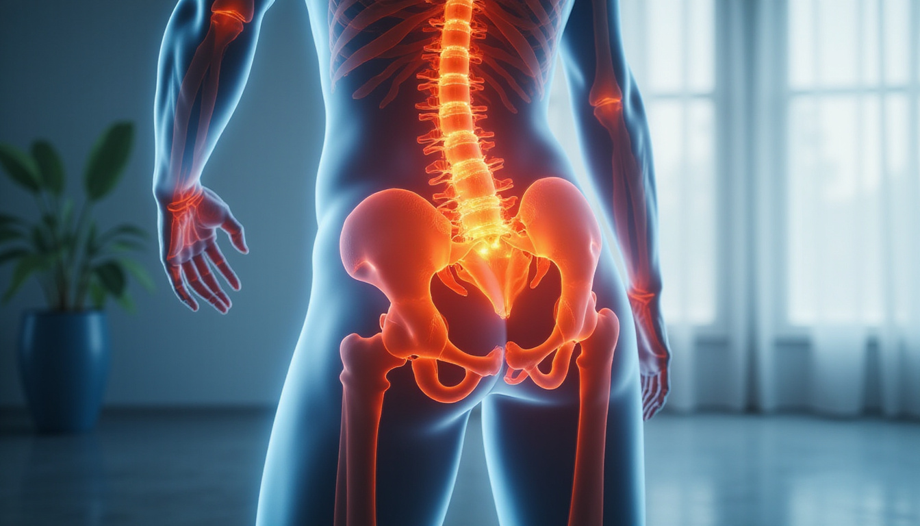 Anatomical overlay of hip muscles highlighting gluteus medius, pain-free posture, soft natural light
