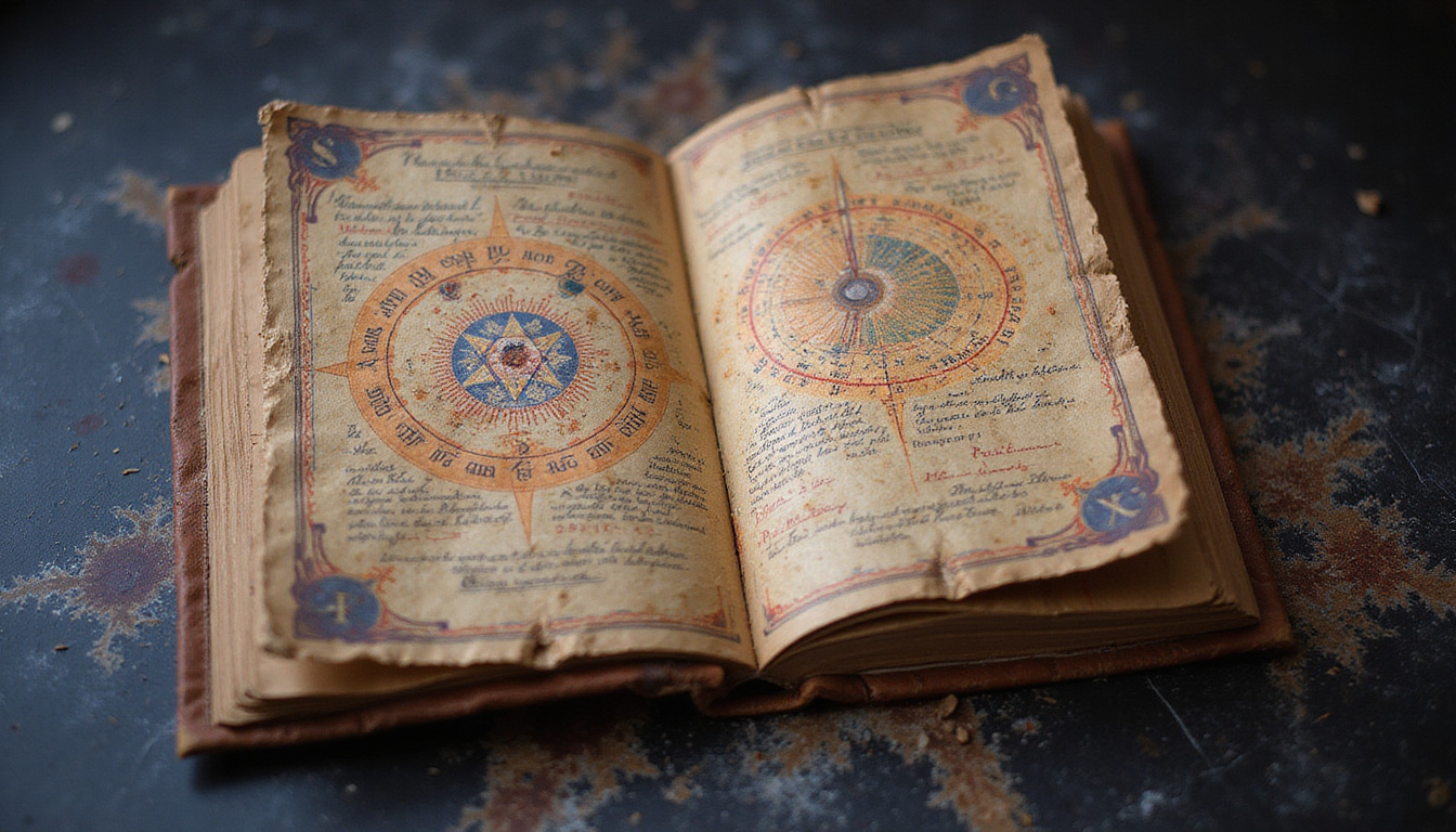 Ancient astrological grimoire opened, decan charts spill light, revealing romantic compatibility sigils