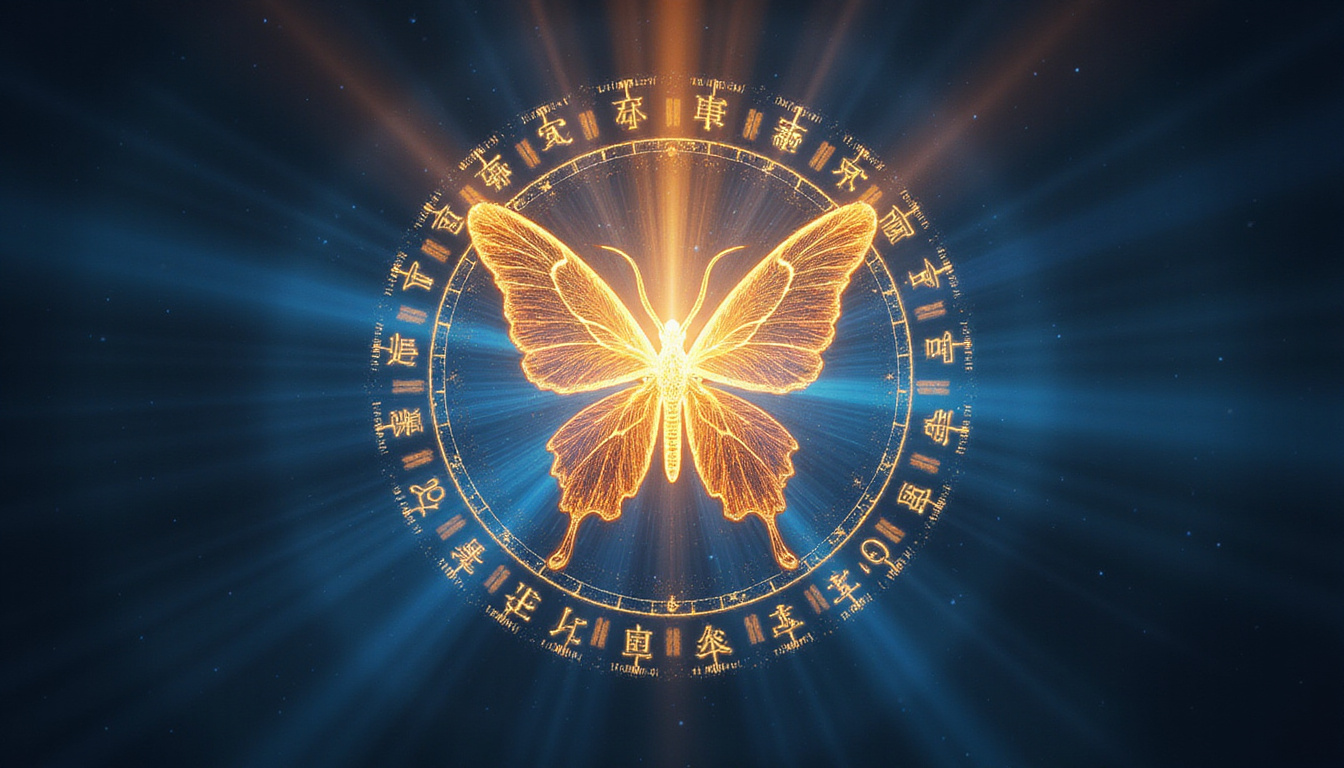  Ancient glyphs decoded into radiant lotus and butterfly, dark-to-light background, mystical blue-gold palette