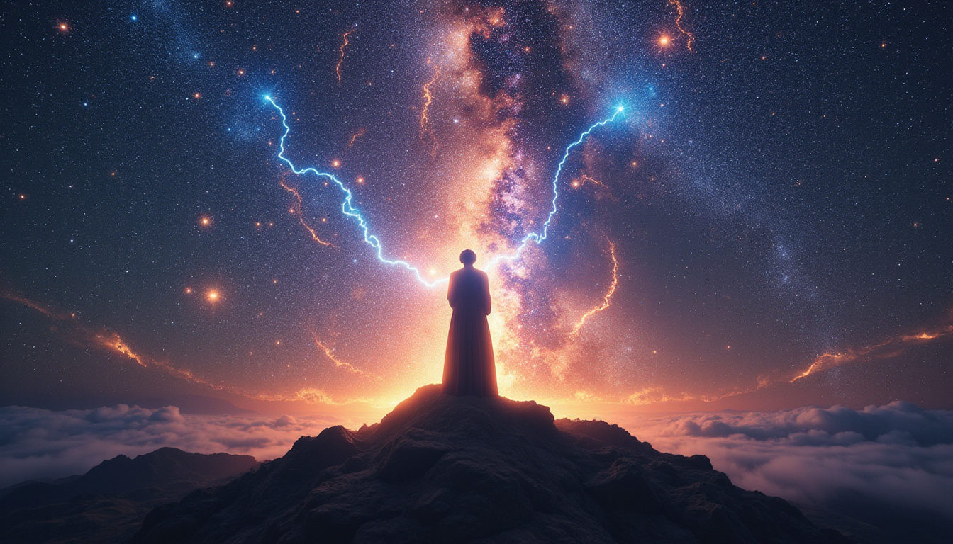 Silhouette opening to starlit cosmos, threads of fate woven by planetary paths, luminous rebirth