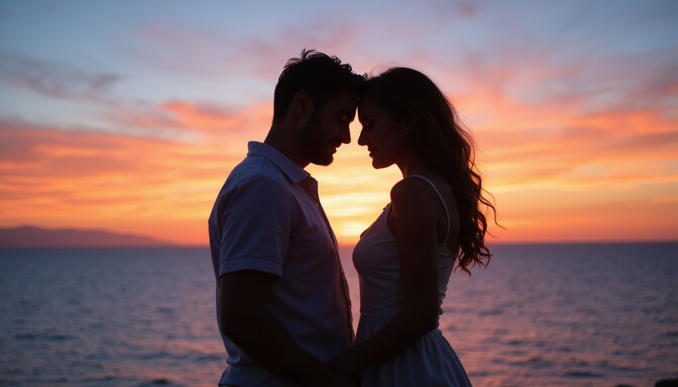  Silhouetted partners forehead-to-forehead at dusk, gentle smiles, sea horizon, watercolor tones