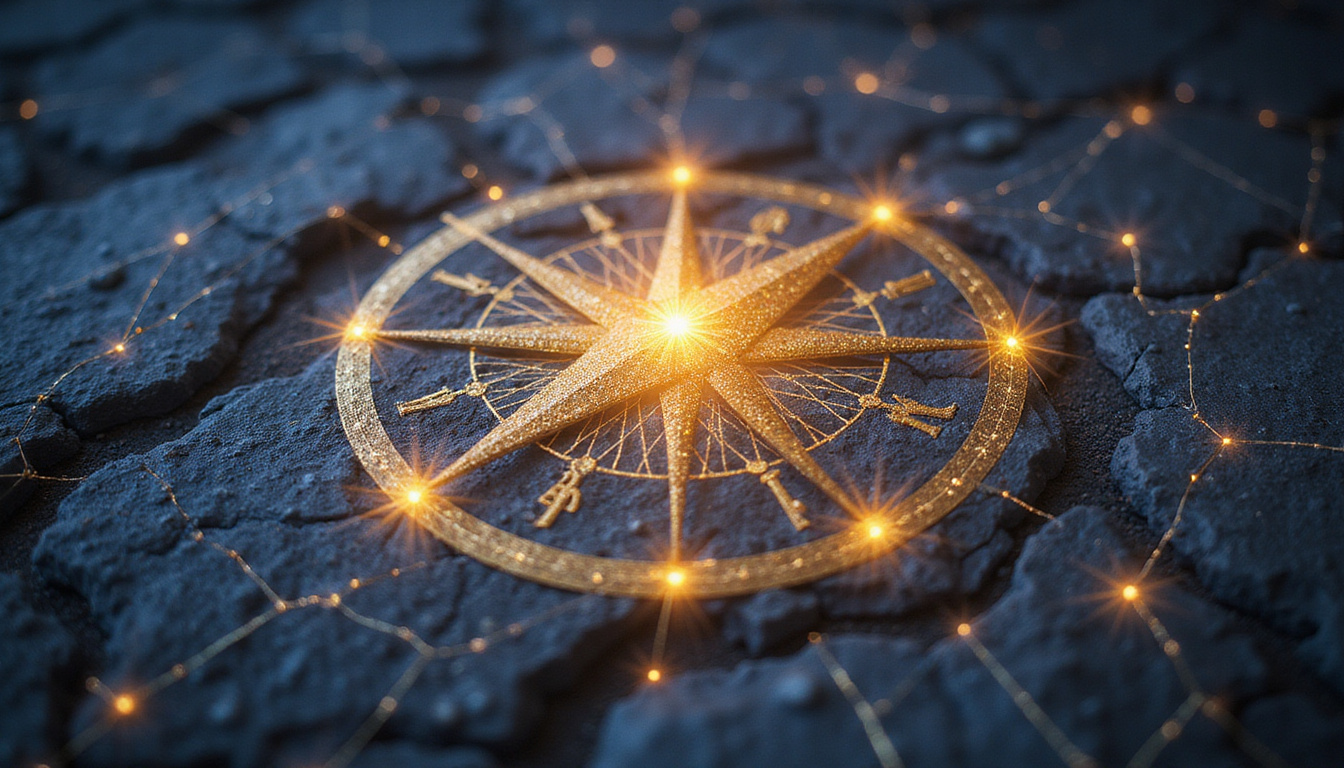  Crossroads of light, zodiac constellations forming turning points, golden compass guiding destiny