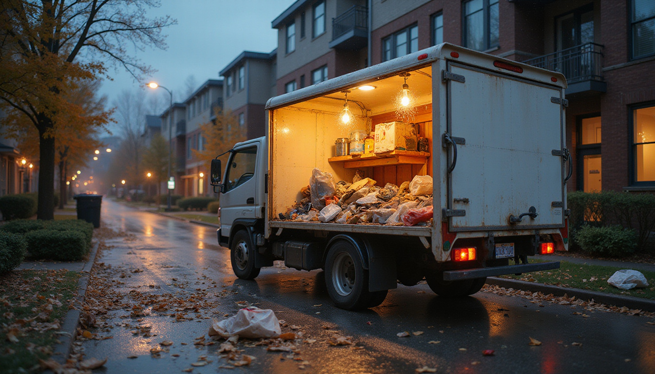 Bright delivery truck collecting household junk, digital receipt glowing, coins raining, eco-friendly urban neighborhood