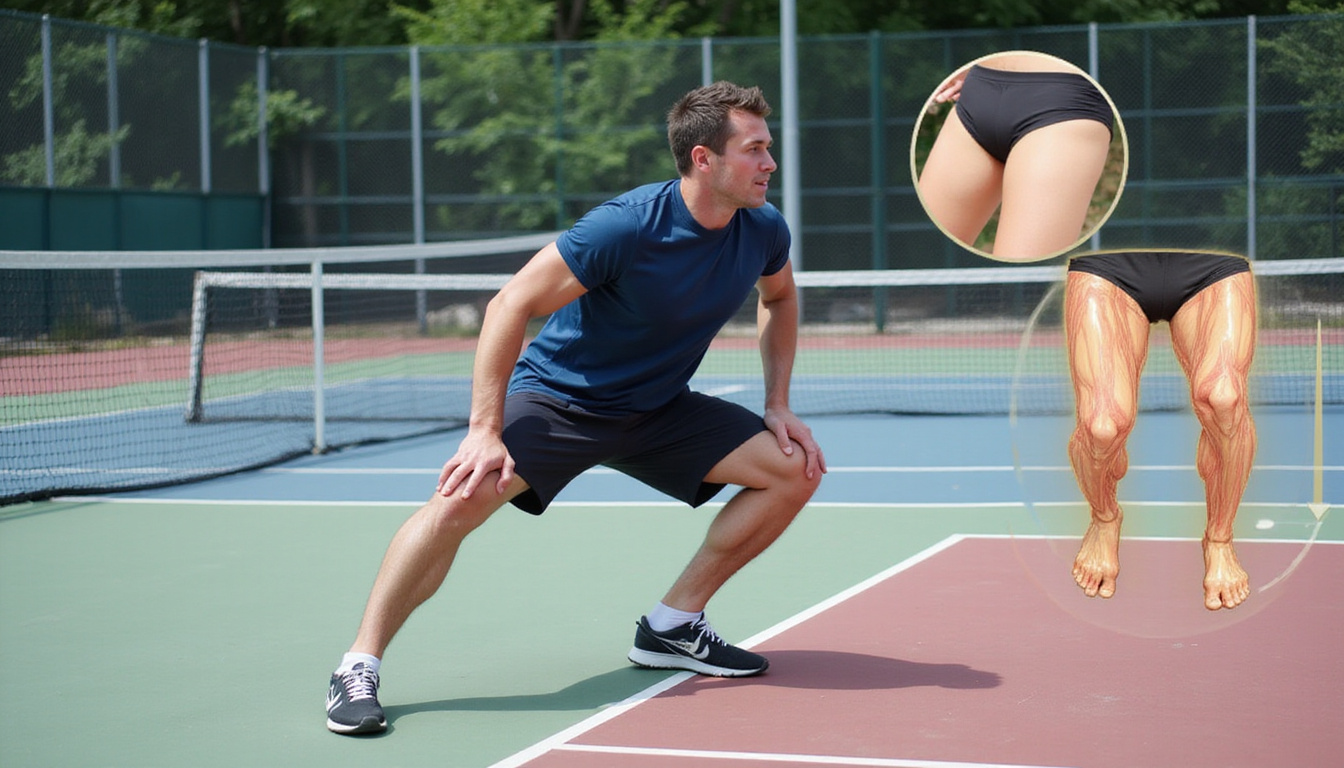  Coach demonstrating squat-to-sprint drill on outdoor court, sequential frames, anatomical overlays highlighting quads