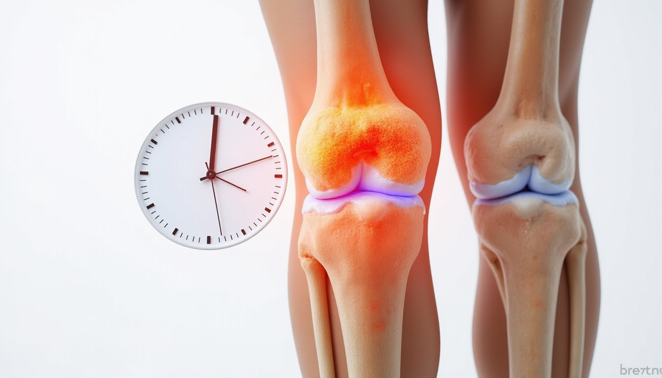  Anatomical knee joint split view: inflamed cartilage versus lubricated smooth surface, clock overlay