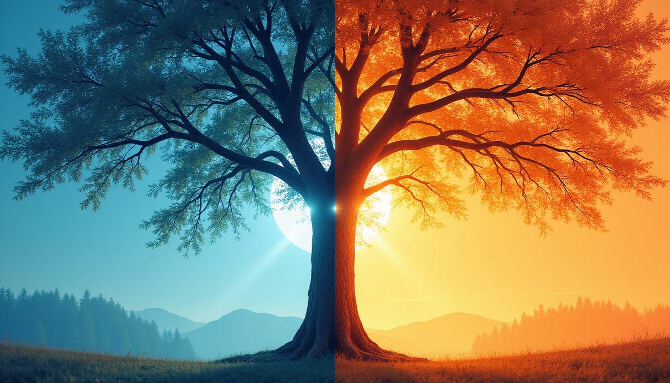  Split composition: dense canopy before and thinned airy crown after, sunbeams through branches