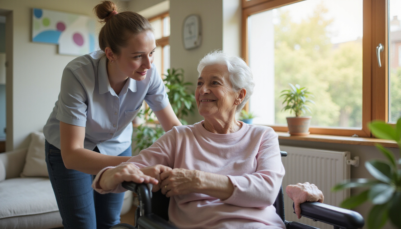 Elderly woman smiling during gentle manual therapy, improved mobility, warm cozy rehabilitation room