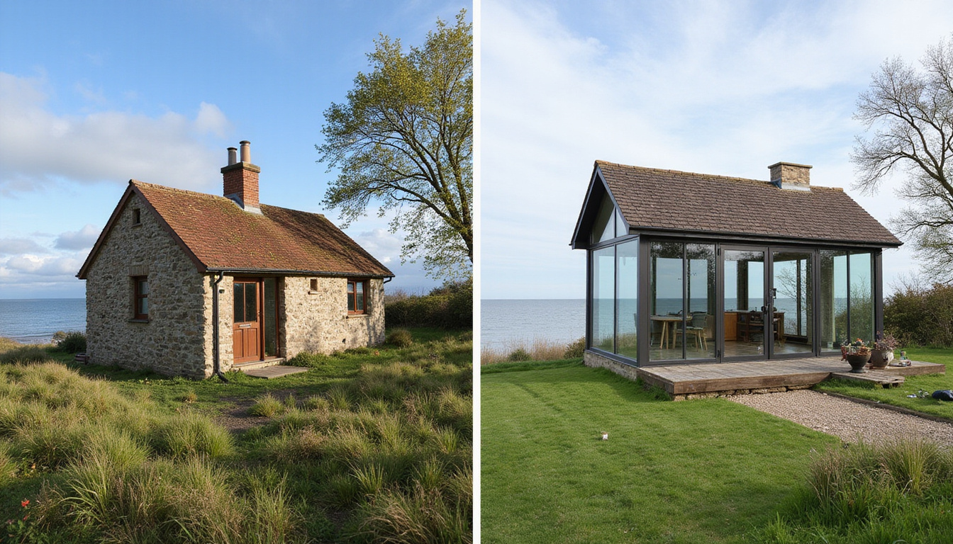 Cozy before-and-after split image: derelict cottage transforming into modern glass seaside home, contractors working