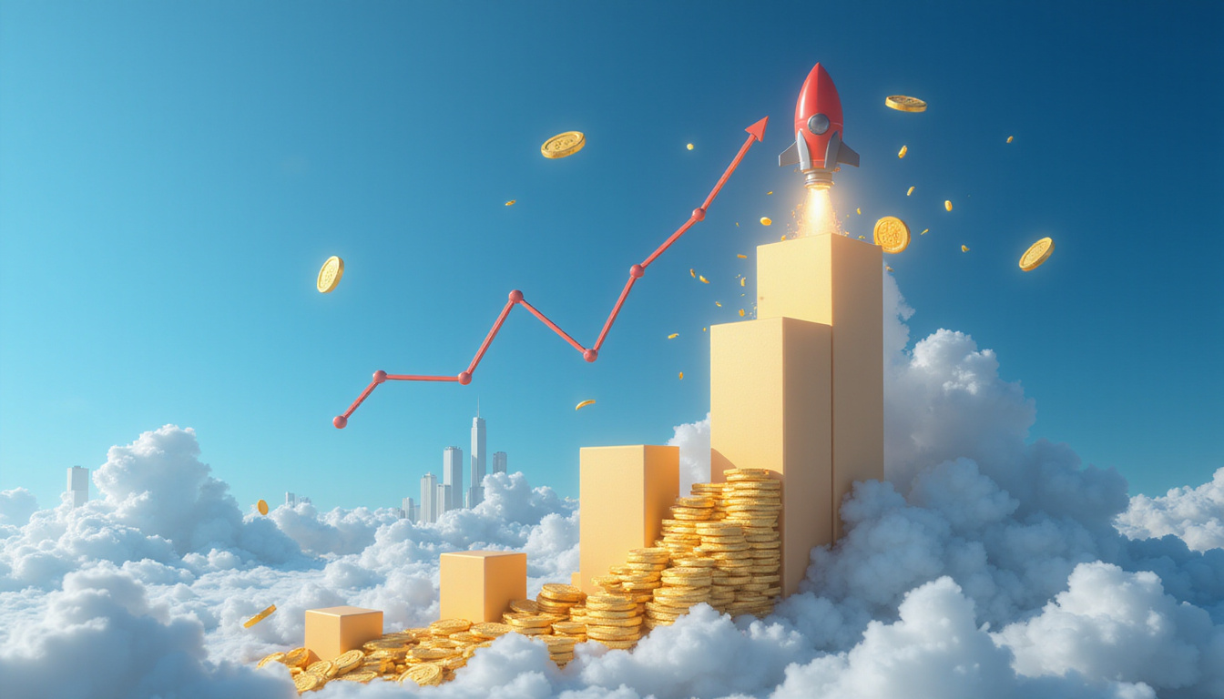 Rocket-shaped bar chart launching upward, golden coins trailing, city skyline, clean modern vector style