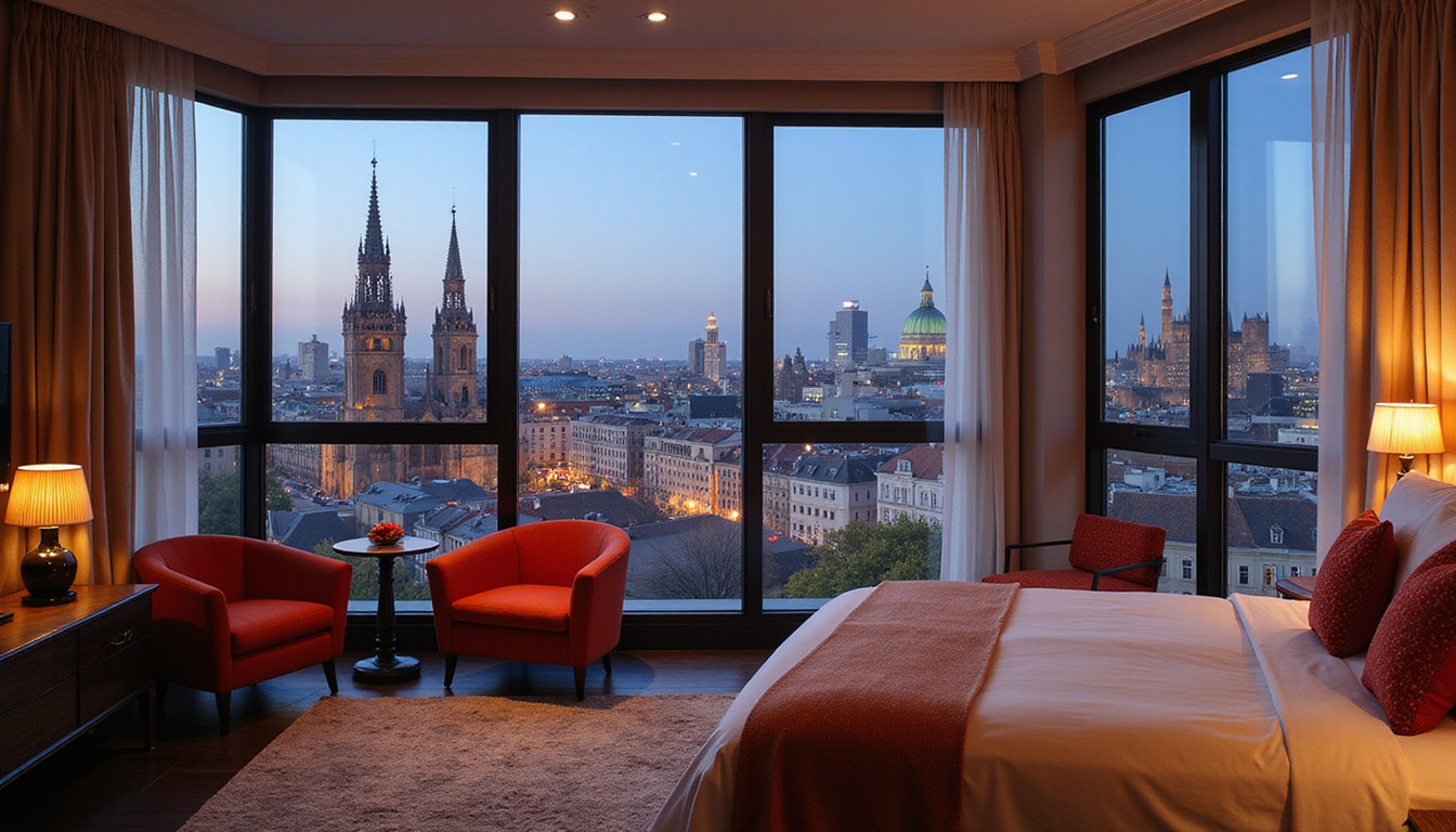  Luxurious boutique room with floor-to-ceiling windows framing historic gallery spires, evening city lights