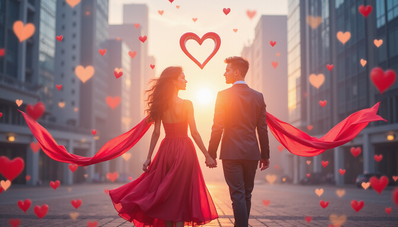 Elegant couple holding radiant eight, hearts and skyscrapers, success aura, silk ribbons