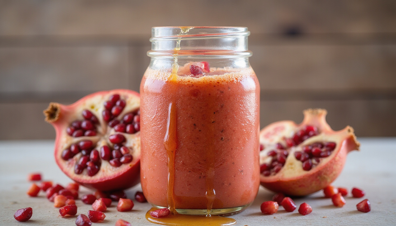  Glass jar immune boosting pomegranate smoothie with ginger turmeric honey drizzle, condensation