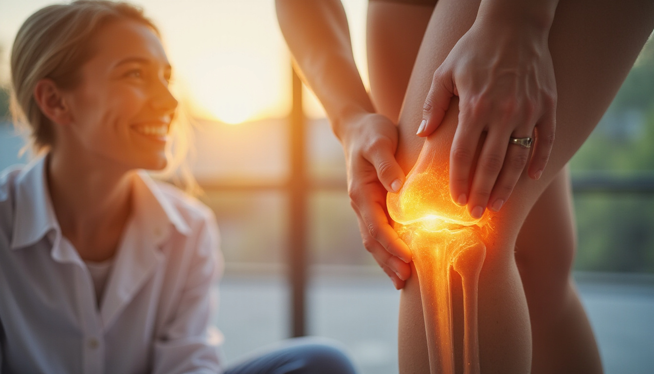  Close-up knee joint cross-section, glowing lubricant film smoothing worn cartilage, patient smiling in soft sunlight