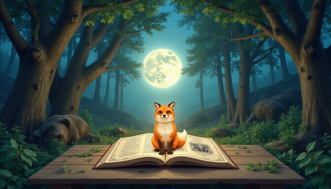  Forest altar with illustrated bestiary pages showing owl, fox, bear, glowing moonlit aura
